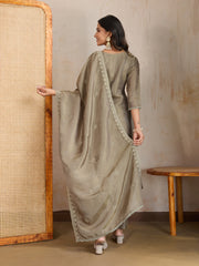 Ethnic Motifs Embroidered Notch Neck Thread Work Kurta With Trousers & Dupatta