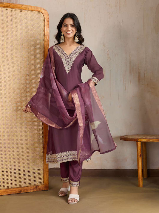 Ethnic Motifs Embroidered Yoke Design Thread Work Kurta With Trousers & Dupatta