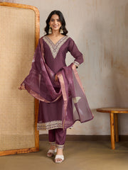 Ethnic Motifs Embroidered Yoke Design Thread Work Kurta With Trousers & Dupatta