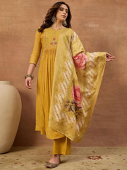 Women Floral Embroidered Empire Thread Work Chanderi Cotton Kurta with Palazzos & With