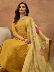 Women Floral Embroidered Empire Thread Work Chanderi Cotton Kurta with Palazzos & With