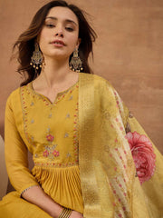 Women Floral Embroidered Empire Thread Work Chanderi Cotton Kurta with Palazzos & With