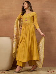 Women Floral Embroidered Empire Thread Work Chanderi Cotton Kurta with Palazzos & With