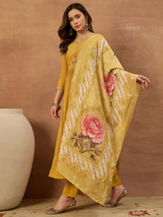 Women Floral Embroidered Empire Thread Work Chanderi Cotton Kurta with Palazzos & With