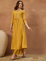 Women Floral Embroidered Empire Thread Work Chanderi Cotton Kurta with Palazzos & With