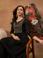 Women Floral Embroidered Panelled Thread Work Chanderi Cotton Kurta with Trousers & With Dupatta