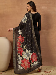Women Floral Embroidered Panelled Thread Work Chanderi Cotton Kurta with Trousers & With Dupatta