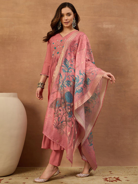 Women Floral Thread and Sequinned Embroidered Kurta & Trouser with Dupatta