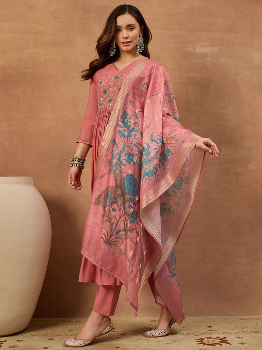 Women Floral Thread and Sequinned Embroidered Kurta & Trouser with Dupatta