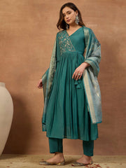 Women Ethnic Motifs Embroidered Angrakha Chanderi Cotton Kurta with Trousers & With Dupatta