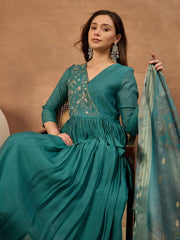 Women Ethnic Motifs Embroidered Angrakha Chanderi Cotton Kurta with Trousers & With Dupatta
