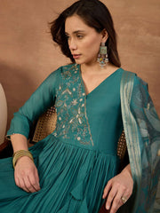 Women Ethnic Motifs Embroidered Angrakha Chanderi Cotton Kurta with Trousers & With Dupatta