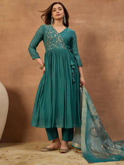 Women Ethnic Motifs Embroidered Angrakha Chanderi Cotton Kurta with Trousers & With Dupatta