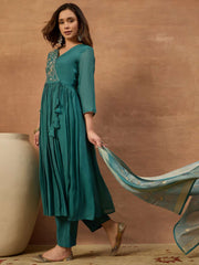 Women Ethnic Motifs Embroidered Angrakha Chanderi Cotton Kurta with Trousers & With Dupatta