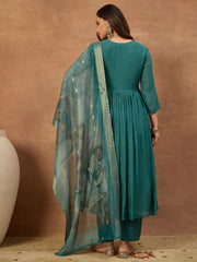 Women Ethnic Motifs Embroidered Angrakha Chanderi Cotton Kurta with Trousers & With Dupatta