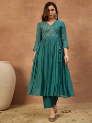 Women Ethnic Motifs Embroidered Angrakha Chanderi Cotton Kurta with Trousers & With Dupatta