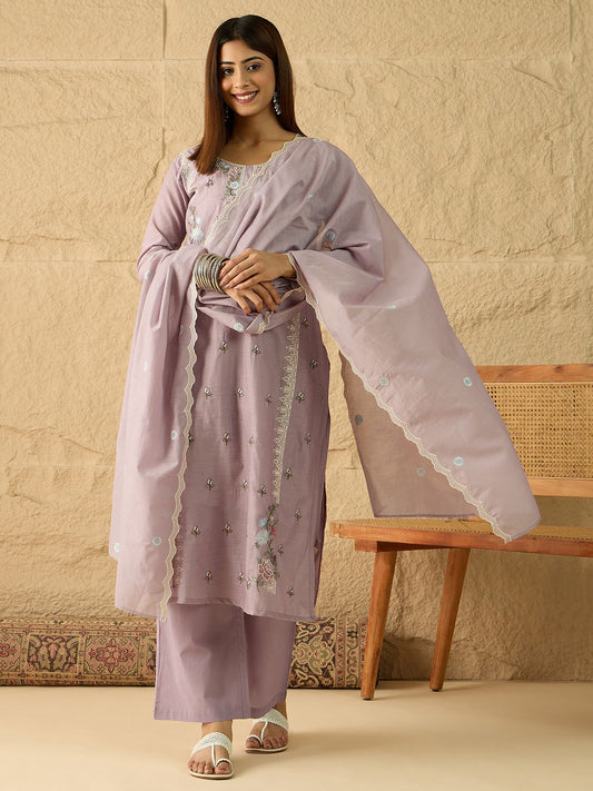 Women Floral Thread and Sequinned Embroidered Kurta & Trouser with Dupatta