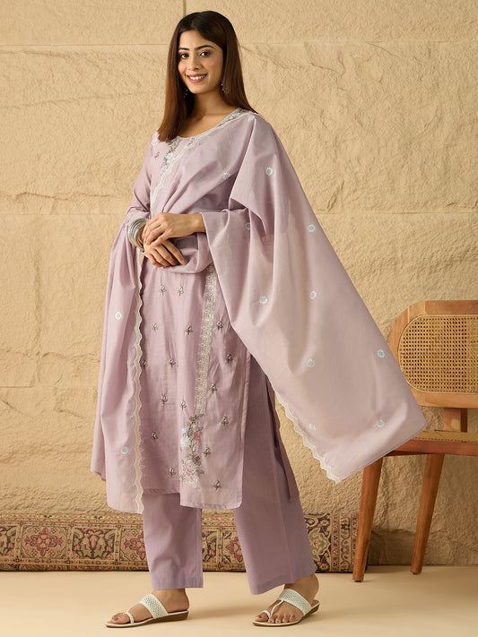 Women Floral Thread and Sequinned Embroidered Kurta & Trouser with Dupatta
