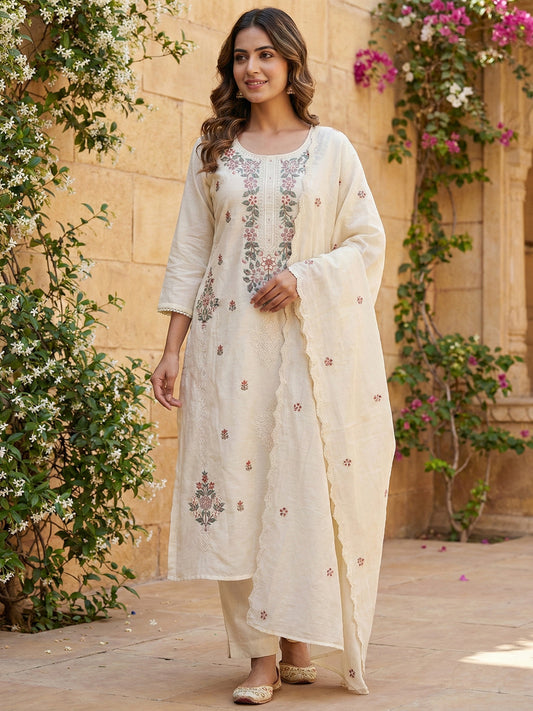 Floral Embroidered Thread Work Chanderi Cotton Kurta with Trousers & With Dupatta