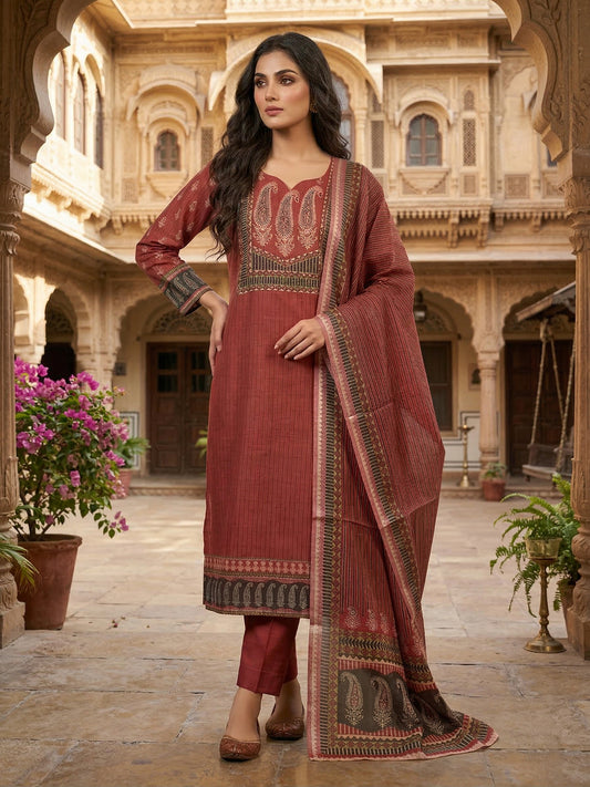 Women Paisley Printed Regular Sequinned Linen Kurta with Trousers & With Dupatta