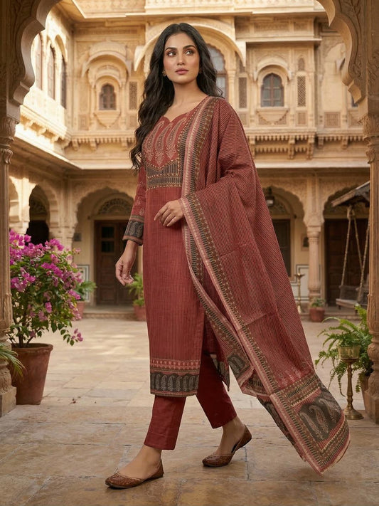 Women Paisley Printed Regular Sequinned Linen Kurta with Trousers & With Dupatta