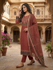 Women Paisley Printed Regular Sequinned Linen Kurta with Trousers & With Dupatta