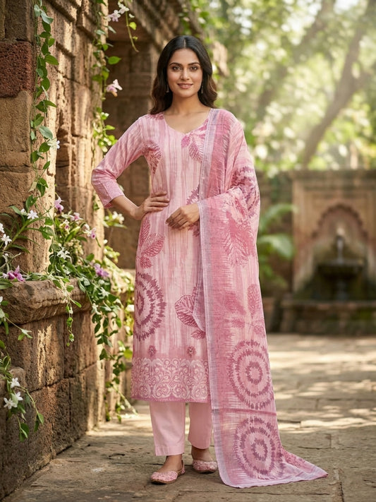 Women Floral Printed Regular Sequinned Linen Kurta with Trousers & With Dupatta