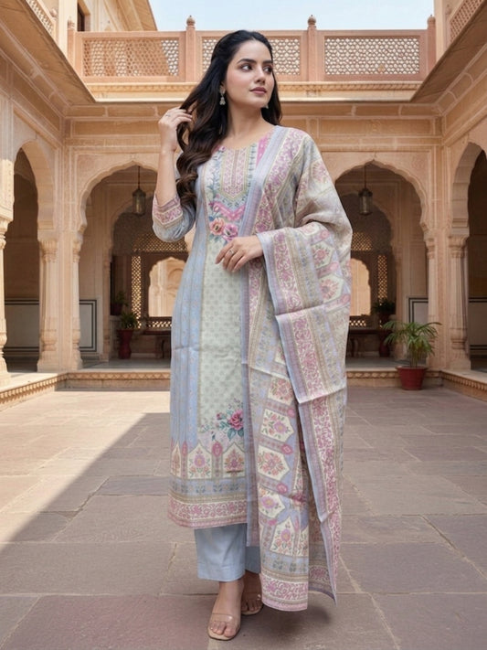 Women Floral Printed Regular Sequinned Linen Kurta with Trousers & With Dupatta