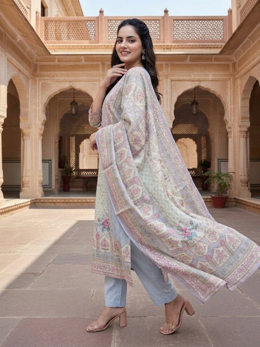 Women Floral Printed Regular Sequinned Linen Kurta with Trousers & With Dupatta