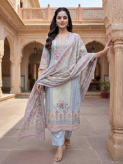 Women Floral Printed Regular Sequinned Linen Kurta with Trousers & With Dupatta