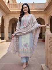 Women Floral Printed Regular Sequinned Linen Kurta with Trousers & With Dupatta