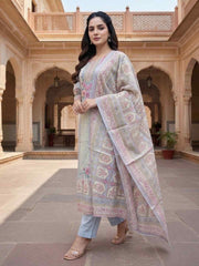 Women Floral Printed Regular Sequinned Linen Kurta with Trousers & With Dupatta
