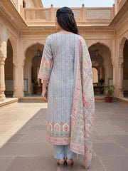 Women Floral Printed Regular Sequinned Linen Kurta with Trousers & With Dupatta