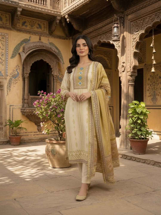 Women Ethnic Motifs Printed and Thread Embroidered Kurta & Trouser with Dupatta