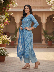Women Ethnic Motifs Printed and Thread Embroidered Kurta & Trouser with Dupatta