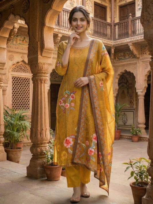 Women Floral Printed and Sequinned Embroidered Kurta & Trouser with Dupatta