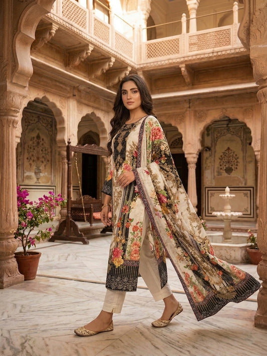 Women Ethnic Motifs Printed Regular Sequinned Pure Silk Kurta with Trousers & With Dupatta