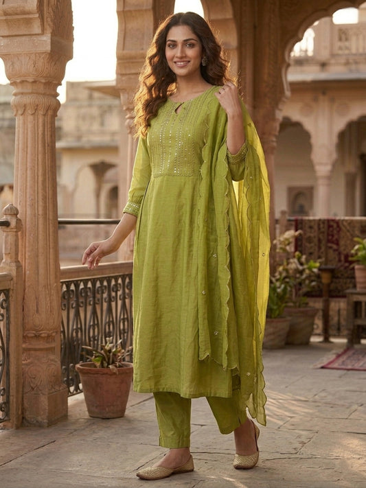 Women Ethnic Motifs Embroidered Regular Thread Work Chanderi Cotton Kurta with Trousers & With Dupatta