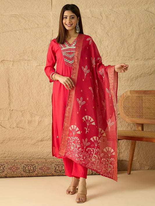 Women Ethnic Motifs Embroidered Angrakha Thread Work Chanderi Cotton Kurta with Trousers & With (Copy)