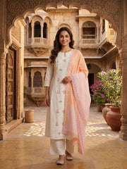 Women Floral Embroidered Pleated Thread Work Chanderi Cotton Kurta with Palazzos & With Dupatta