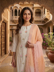 Women Floral Embroidered Pleated Thread Work Chanderi Cotton Kurta with Palazzos & With Dupatta
