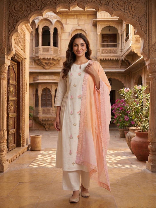 Women Floral Embroidered Pleated Thread Work Chanderi Cotton Kurta with Palazzos & With Dupatta