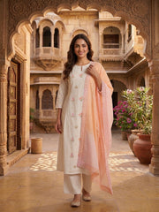 Women Floral Embroidered Pleated Thread Work Chanderi Cotton Kurta with Palazzos & With Dupatta