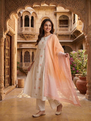 Women Floral Embroidered Pleated Thread Work Chanderi Cotton Kurta with Palazzos & With Dupatta