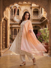Women Floral Embroidered Pleated Thread Work Chanderi Cotton Kurta with Palazzos & With Dupatta