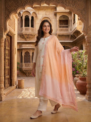 Women Floral Embroidered Pleated Thread Work Chanderi Cotton Kurta with Palazzos & With Dupatta