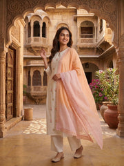 Women Floral Embroidered Pleated Thread Work Chanderi Cotton Kurta with Palazzos & With Dupatta