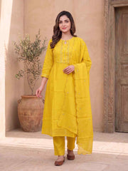 Women Ethnic Motifs Embroidered Regular Thread Work Chanderi Cotton Kurta with Trousers & With Dupatta