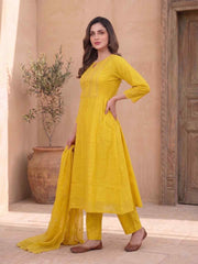Women Ethnic Motifs Embroidered Regular Thread Work Chanderi Cotton Kurta with Trousers & With Dupatta