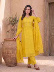 Women Ethnic Motifs Embroidered Regular Thread Work Chanderi Cotton Kurta with Trousers & With Dupatta